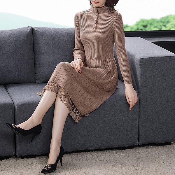 

autumn and winter slimming lace stitching mid-length sweater dress women's stand collar long sleeve knitted jumper shirt y514 casual dr, Black;gray