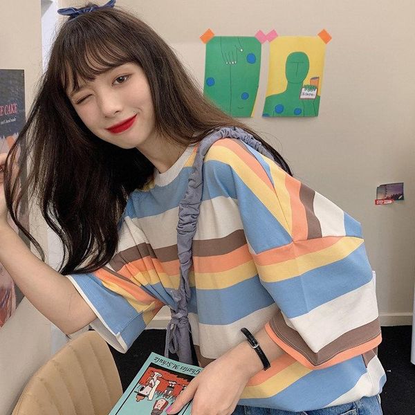 

style striped short-sleeved t-shirt summer student korean loose ins half sleeve elbow girlfriends clothes women's, White