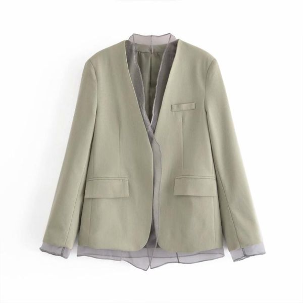

women's suits & blazers women 2021 fashion net yarn splicing open blazer coat vintage long sleeve welt pockets female outerwear chic, White;black