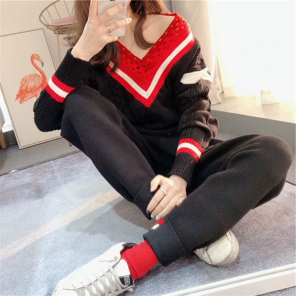 

early autumn new red and white stripe color blocking crimped knitted leggings high casual drawstring elastic waist women's pants, White;black