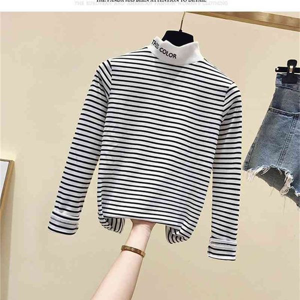 

long sleeves o-neck t shirt women striped shirt korean style 210401, White