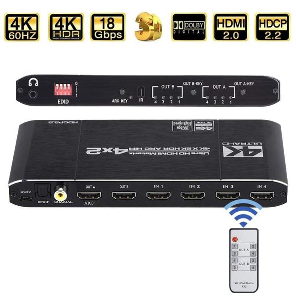 

audio cables & connectors 18.5 gbps matrix 4x2 4k@60hz switch splitter with spdif and l/r 3.5mm hdr support hdcp 2.2 3d
