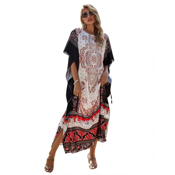 

spring bohemia ethnic style cloak sleeve high-waisted long ankle-length loose dress vintage print patchwork split vestido branco 210414, Black;gray