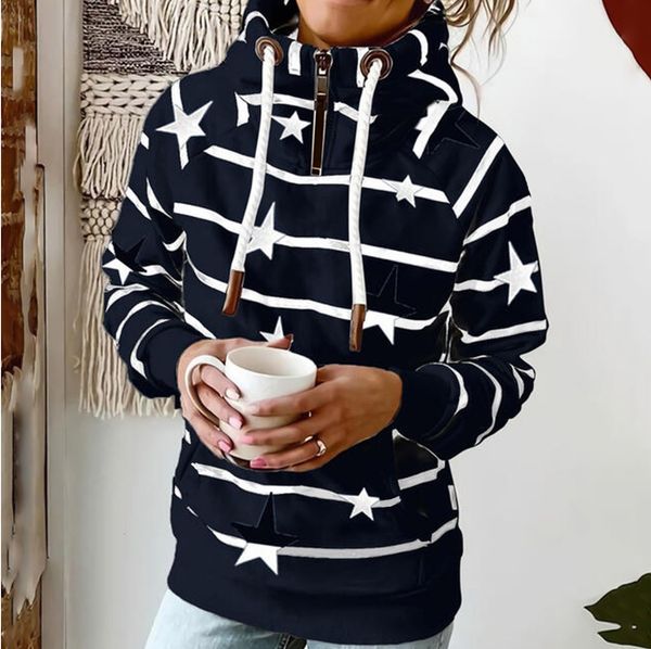 

2021 fall casual print stitched zipper pullover hooded women's sweater, Black