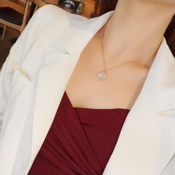 

opal pendant necklace female alloy niche design wild simple clavicle chain neck accessories anniversary gift necklaces, Silver