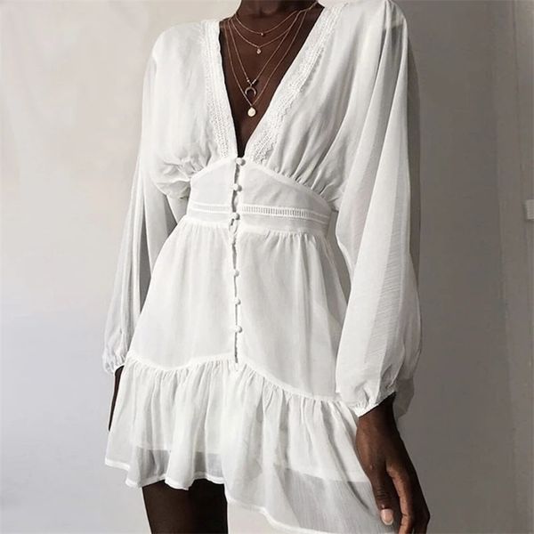 

deep v neck white party dress women autumn winter sheer long sleeve vintage short vestidos ladies 210427, Black;gray