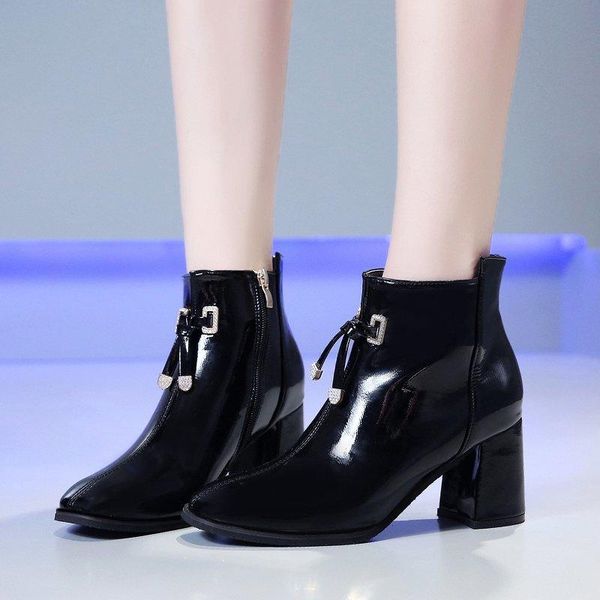 

boots rimocy fashion crystal high heels ankle for women solid color patent leather short booties woman side zipper botas female, Black