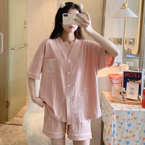 

pajamas summer suit cotton short womens sleepwears sleeved cute cool cardigan pyjamas plus size 2 piece set nightwear homewear, Black;red