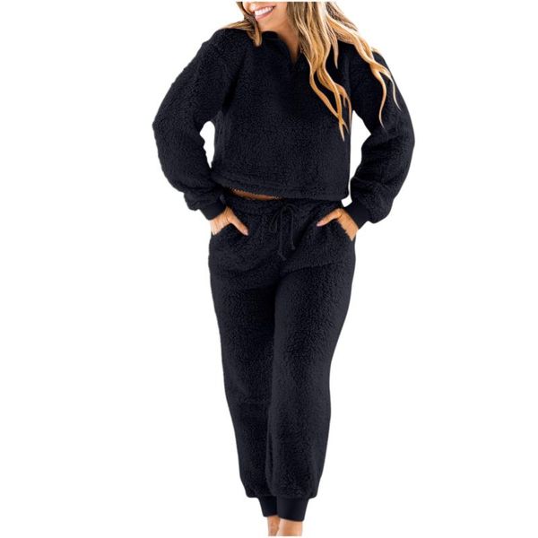 

women's two piece pants casual pajamas set soft warm fleece sweatsuit sets fashion comfortable sports suit for winter conjunto femenino, White