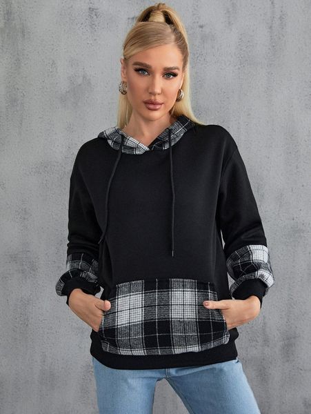 

plaid drop shoulder kangaroo pocket hoodie q4cx#, White;black