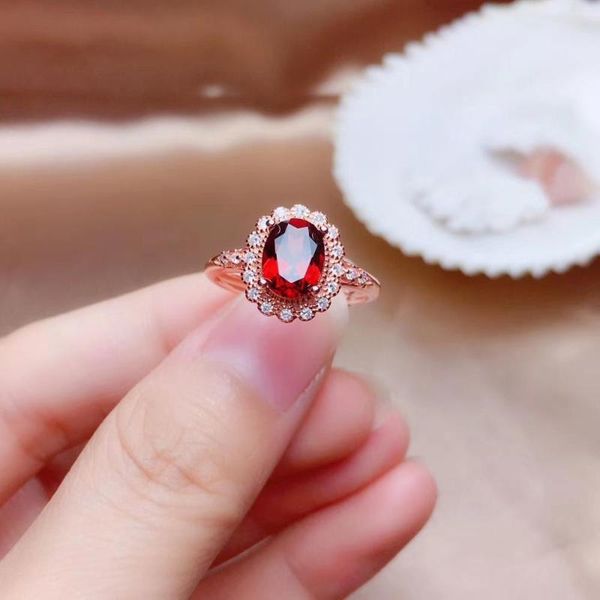 

cluster rings birthstone :red garnet ring for women jewelry real 925 silver material wine red color natural gem chic birthday gift, Golden;silver