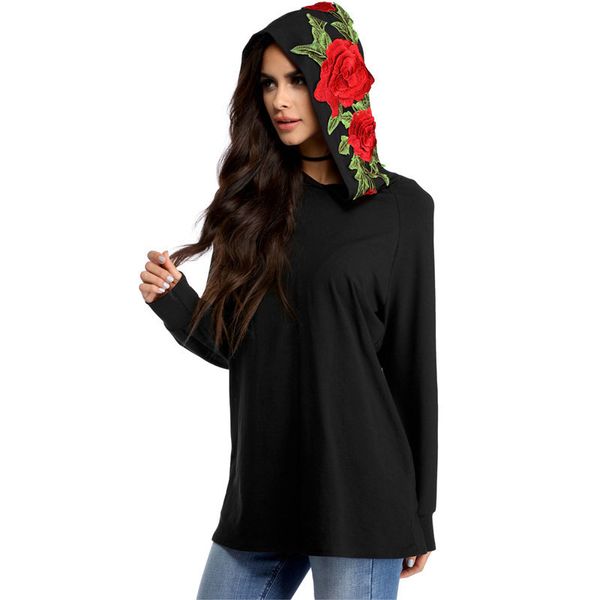 

2021 rose embroidery hooded long sleeve sweater women's top, Black