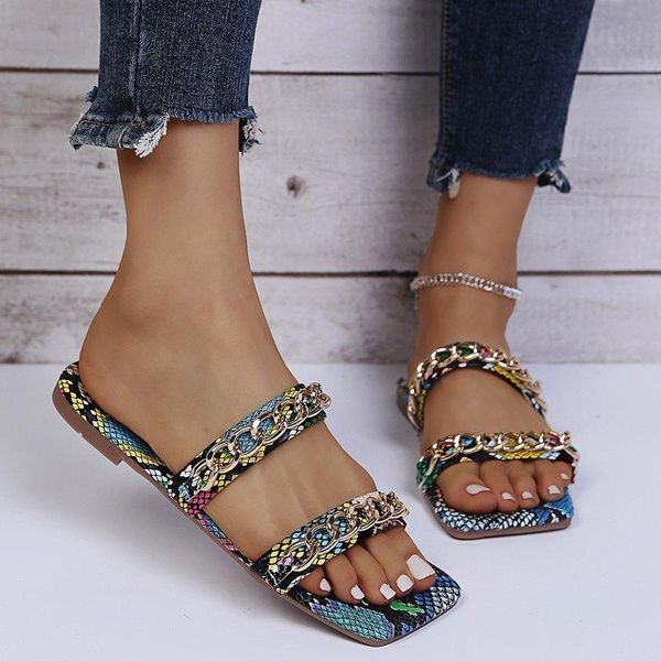 

slippers large size flat women 2021 summer style european and american snake print word metal chain sandals, Black