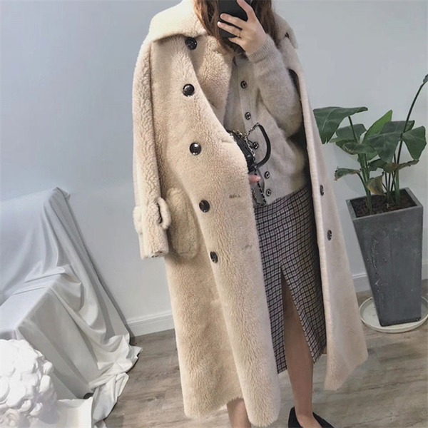 

autumn winter women wool fur coat korean fashion button pocket granules sheep shearing jacket ladies long overcoat tide h477, Black
