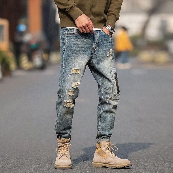 

men's jeans spring autumn fashion legged loose light stitching pants, Blue
