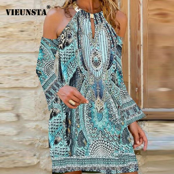 

women halter off shoulder boho dress autumn batwing long sleeve a-line party dress elegant vintage floral print mini dress, Black;gray