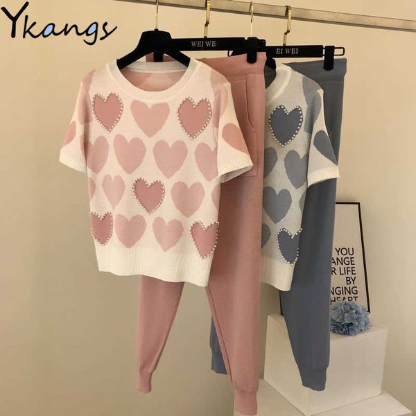 Tuta da donna primavera rosa lavorata a maglia 2 pezzi tuta manica corta perline maglione + pantaloni harem moda coreana abiti casual dolci 210619