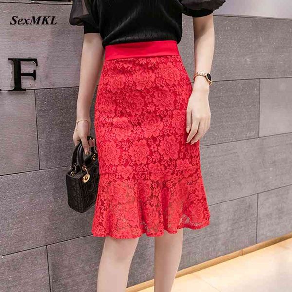 Elegante verão lace saias mulheres 2021 moda elástico alta cintura ruffles lápis preto magro coreano sexy escritório midi saia x0428