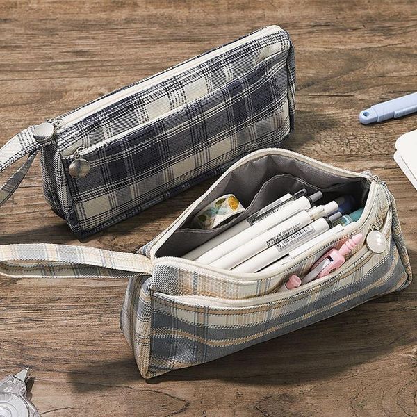 

storage bags japanese style plaid pencil bag pen case gift cosmetic stationery pouch handle wallet school office supplies