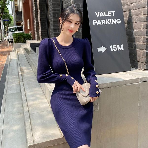

casual dresses blue black puff long sleeve slim dress women korean fashion single breasted autumn winter 2021 kintted elegant, Black;gray