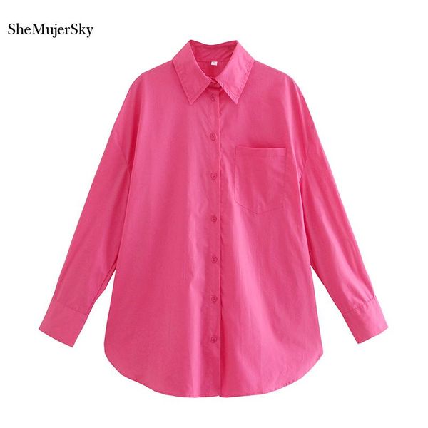 

women's blouses & shirts shemujersky women solid color single breasted 2021 long sleeve turn-down collar pockets casual loose blusas, White
