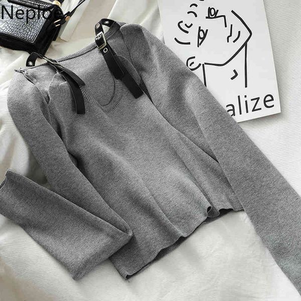 

neploe fashion sweaters for women temperament pu shoulder straps knitted pullovers coat hollow out short sueter mujer 4h107 210422, White;black