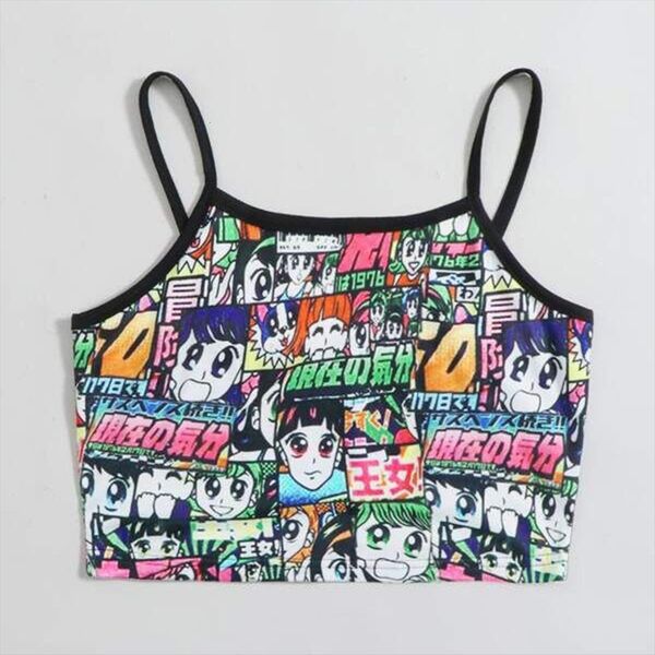 

anime print crop women camis summer spaghetti strap fashion streetwear club party tank slim blusas, White