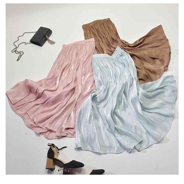 

spring korean style pleated skirt elastic waist pearl luster silk slippery faldas largas elegantes 210702, Black