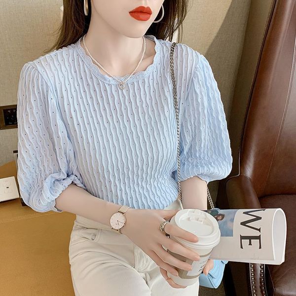 

women's blouses & shirts summer korean style fashion personality puff sleeve women all-mmatch loose o-neck ladies solid color blusas, White