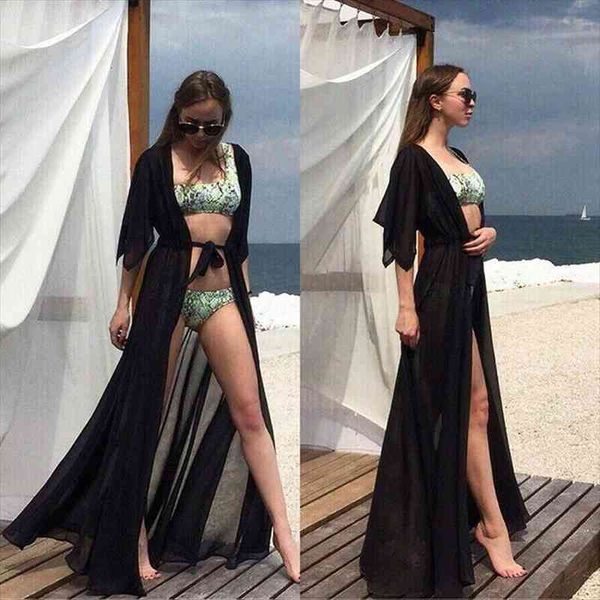 

summer fashionable cover up women sleepwear wrap beachwear long dress chiffon kimono beach cardigan bikini, Black;red