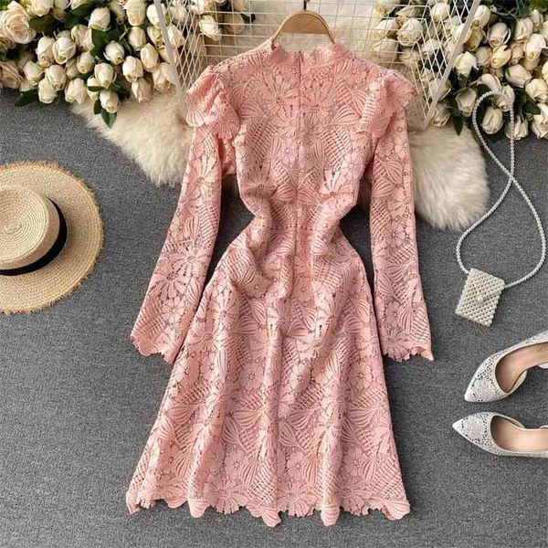 

5 colors choose romantic ruffled fairy lace dress hook flower hollow long sleeves knee-length women vintage party 210602, Black;gray