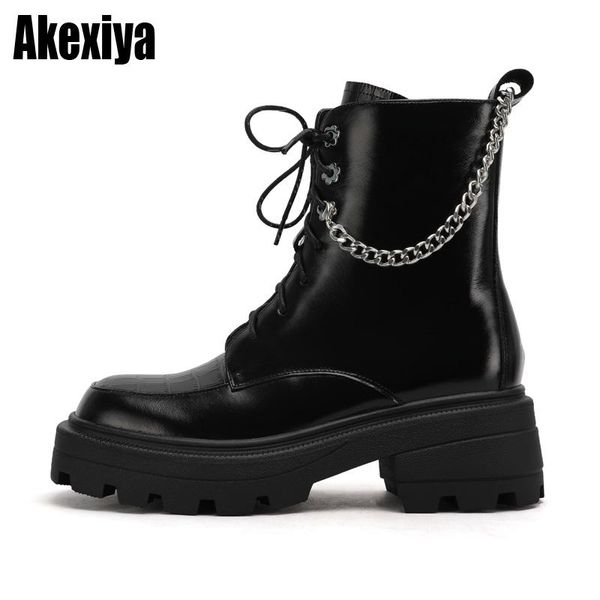

boots women ankle real leather metal chain women's shoes fashion cool short ladies club footwear bc1690, Black