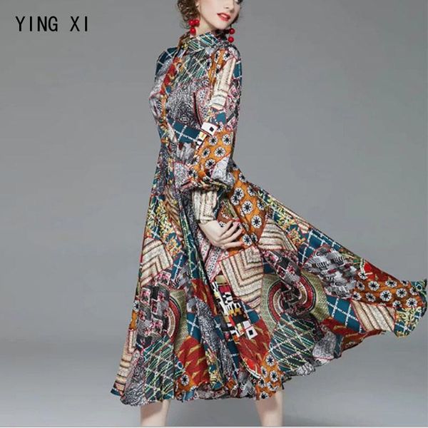 

casual dresses ying xi 2021 spring turn-down collar high waist long women dress sleeve single breasted button floral office lady, Black;gray