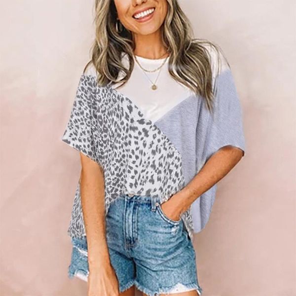 

women's t-shirt 2021 summer leopard panelled loose patchwork o-neck female t-shirts fashion streetwear casual ladies top, White