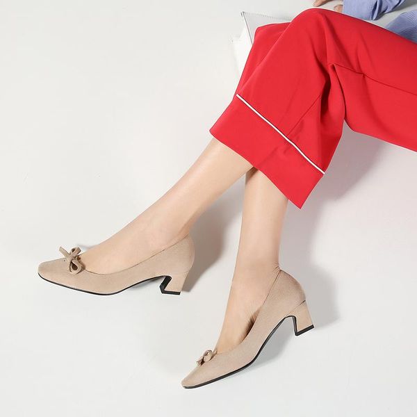 

dress shoes 2021 pumps women thick high heels pointed toe bow work slip on spring footwear ladies office 32-43, Black