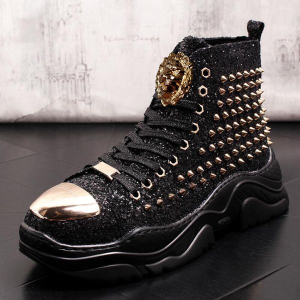 luxe marque rivet Stivali Scarpe da uomo sneakers firmate da uomo punk high top fondo oro rosso leggero Scarpe con plateau casual zapatillas hombre P4