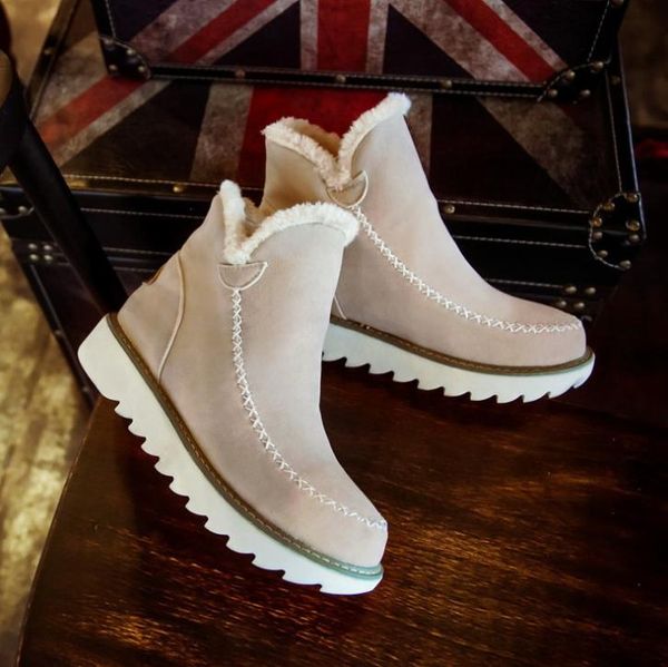 

boots 2021 autumn winter women snow round toe ankle warm plush slip-on shoes flats black beige brown size 34-43