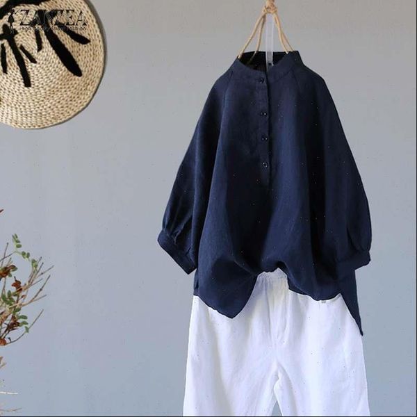 

summer tunic cotton womens blouses linen stand collar button down blusas femme plus size lantern sleeve shirts, White