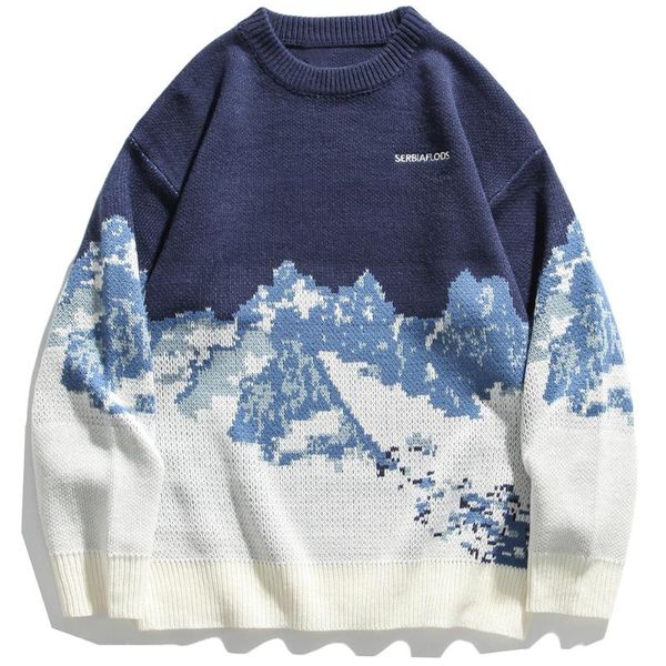 

men's sweaters snow mountain print knitted men women 2021 winter pullover harajuku streetwear fashion knitwear knit outwear, White;black