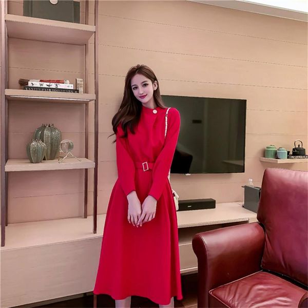 

french vintage long-sleeved long dress with belt high-quality elegant retro woman autumn and winter red dresses q006 casual, Black;gray