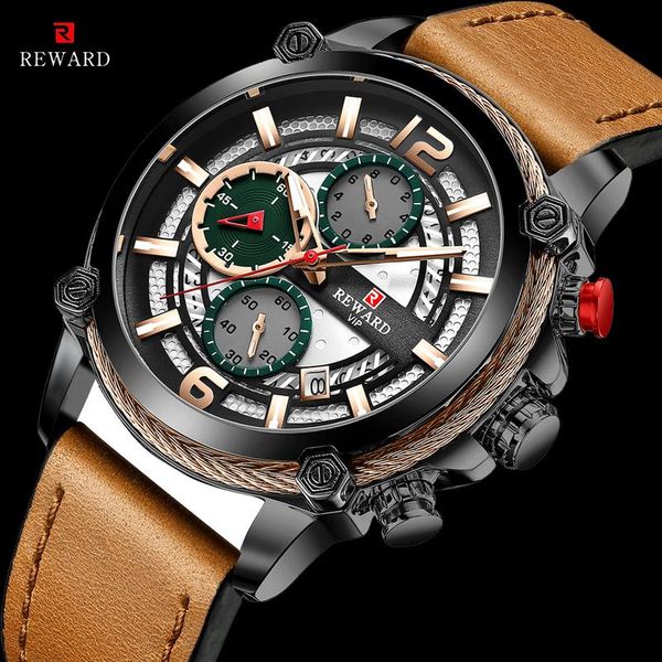 

wristwatches wristwatch mens reward sports watch men fashion leather chronograph watches with date for male clock, Slivery;brown