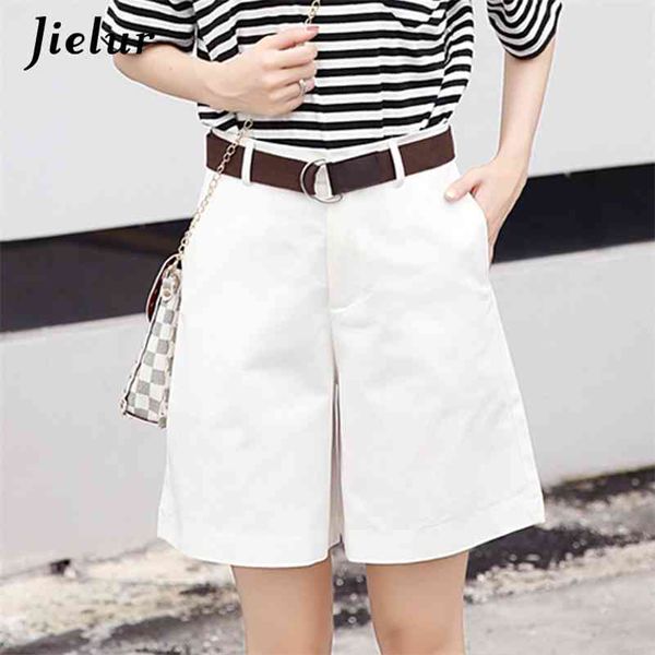 

jielur korean fashion casual summer shorts women loose wide leg pantalon femme belt green white high waist shorts female s-xxl 210611, White;black