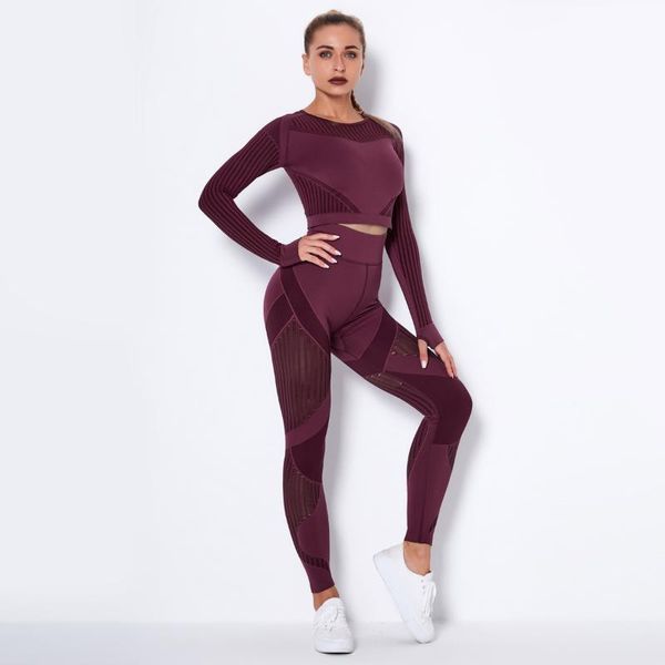 

yoga outfit 2pcs women set workout tracksuit long sleeve sportswear pants mesh gym clothing fitness pant high waist leggings