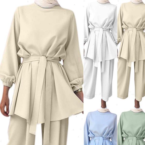 

muslim arab suit fashion womenpant long sleeve wide leg islamic two piece set outfits female blouses sets, White