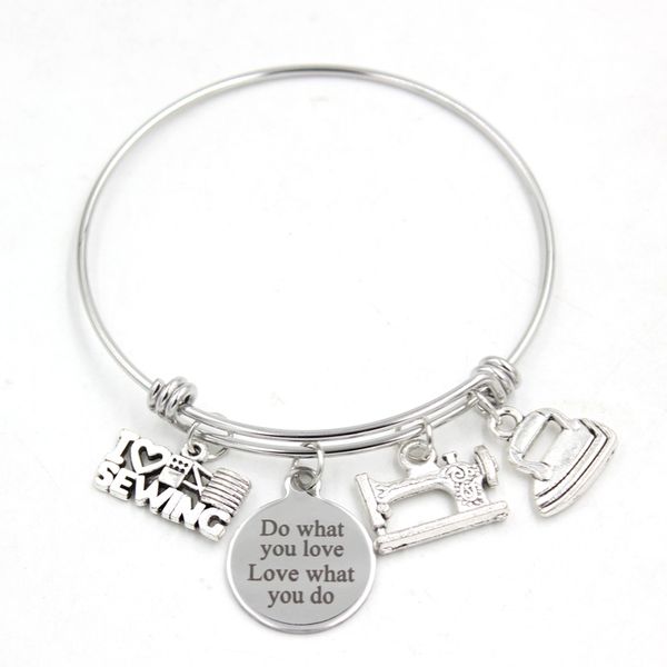 

wholesale stainless steel wire bangle bracelet sewing tailors lover gifts i love sewing charm bracelets for women jewelry, Golden;silver