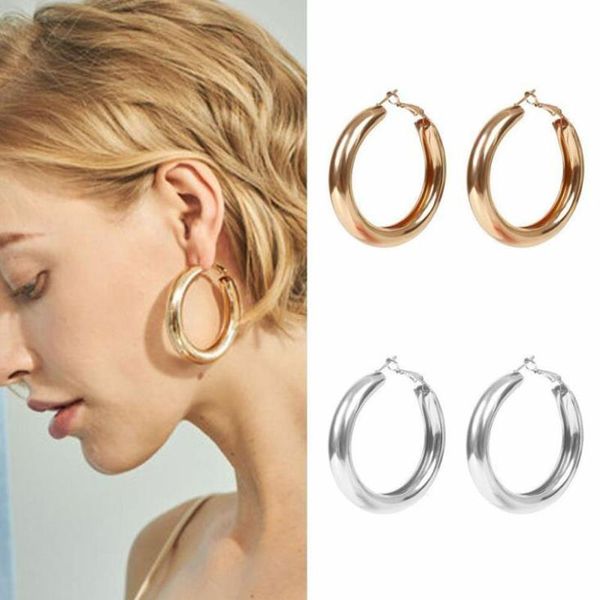 

big gold hoops earring minimalist thick tube round circle earrings for women zinc alloy trendy hiphop rock jewelry gifts, Silver