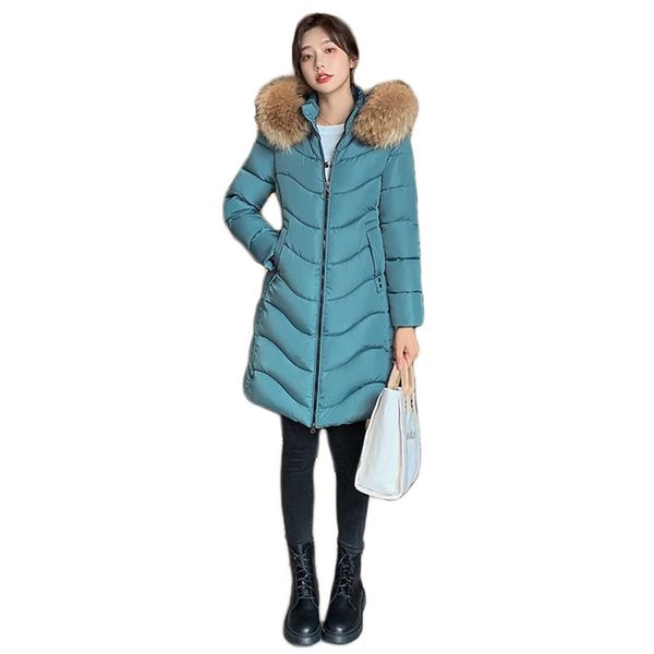 

winter coat women korean slim fashion green thick warmth fur hooded down cotton jackets red plus size long parkas lr939 210531, Black
