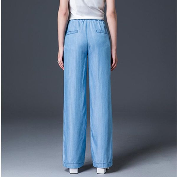 

women's jeans striated autumn women spring spliced lace up high elastic waist tencel female loose casual fashion pockets zx968, Blue