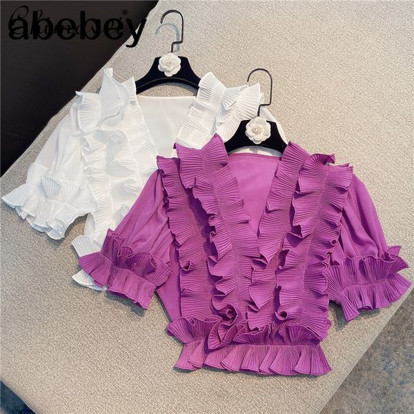 

spring and summer sweet v-neck short sleeve elegant women solid color stringy selvedge thin blouse shirt 210512, White