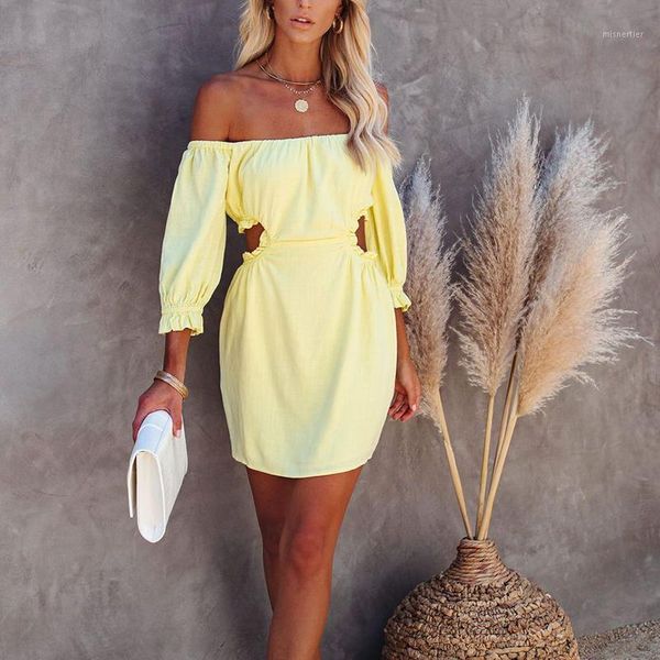 

casual dresses 3/4 sleeve ruffle solid mini dress women elegant fashion off shoulder short hollow out backless party, Black;gray